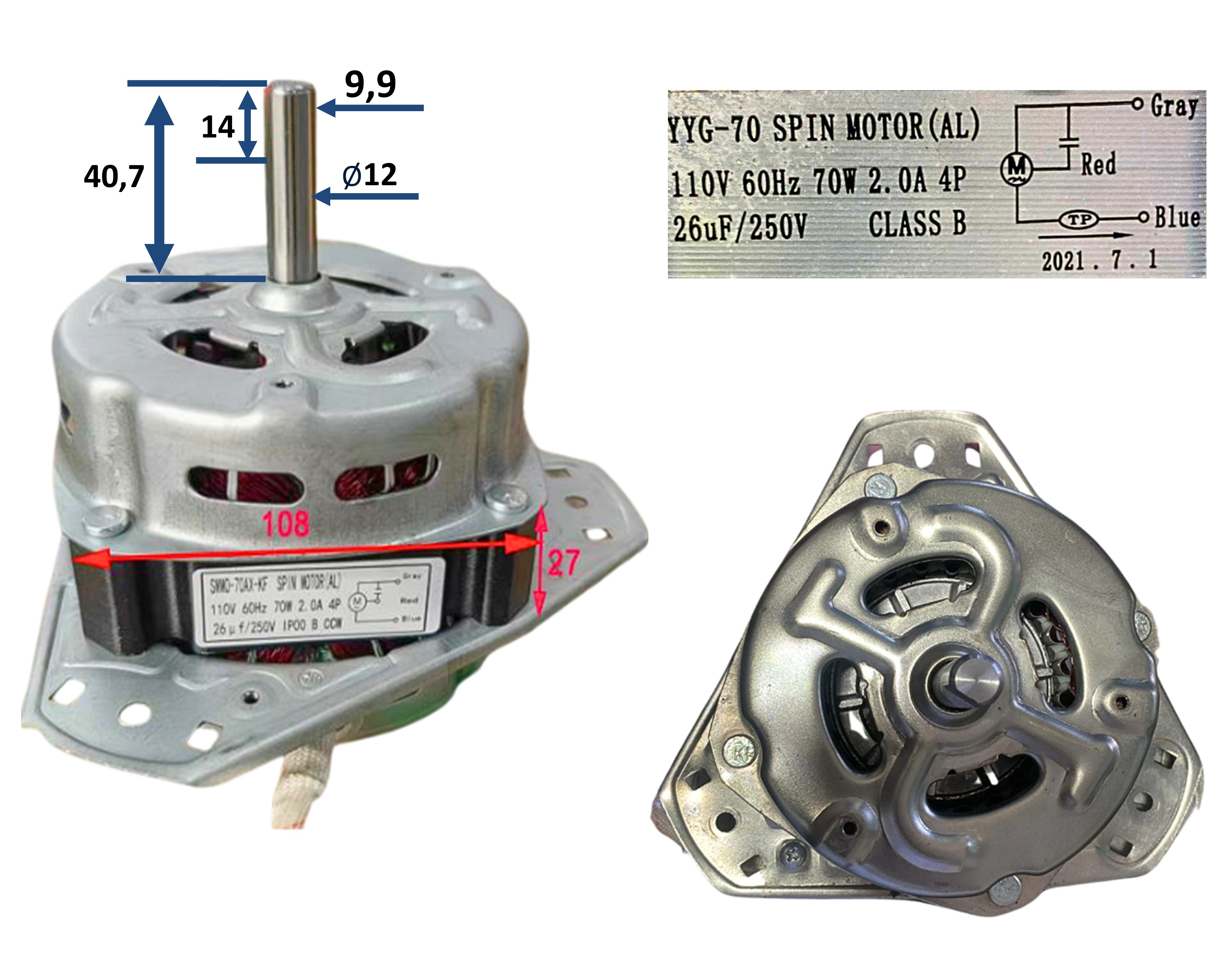 MOTOR SECADO LAVADORA HYUNDAI EJE 12MM 70 WATT