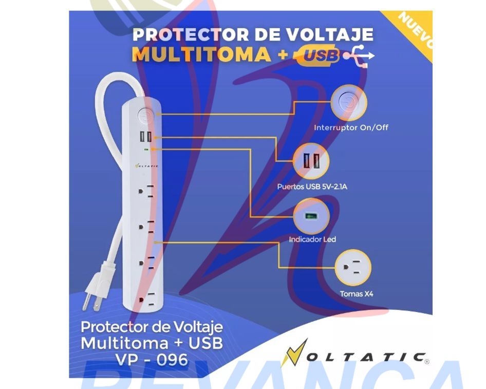 REGLETA PROTECTOR DE VOLTAJE 4TOMAS+2USB VOLTATIC VP-096 - Vista 1