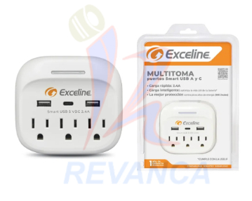 PROTECTOR EXCELINE MULTITOMA 110V CON 2 PUERTOS USB-A / 1 USB-C