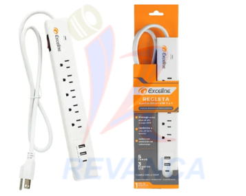 REGLETA PROTECTOR EXCELINE 5 TOMAS 110V/10A /2 PUERTOS USB-A /1 USB-C