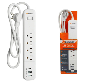 REGLETA PROTECTOR EXCELINE 4 TOMAS 110V/10A /2 PUERTOS USB-A /1 USB-C