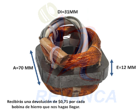 BOBINA VENTILADOR PATICO HEXAGONAL (A=B=70MM, E=12MM, DI=31MM)